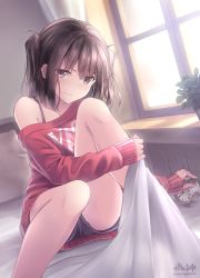 Rule 34 | 10s, 1girl, alarm clock, alternate costume, bed, bed sheet, blanket, blush, brown eyes, brown hair, casual, clock, clothes writing, curtains, dutch angle, highres, indoors, kantai collection, long sleeves, looking at viewer, messy hair, morigami (morigami no yashiro), night battle idiot, off shoulder, pillow, plant, potted plant, sendai (kancolle), sheet grab, shorts, solo, sweater, tears, twitter username, two side up, wavy mouth, window