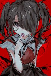 Rule 34 | 1girl, 22 29, ame-chan (needy girl overdose), bad id, bad twitter id, black hair, black nails, blood, brown eyes, crying, drugs, hair ornament, hair over one eye, hairclip, highres, lsd, nail polish, needy girl overdose, open mouth, red background, self-harm, short sleeves, slit wrist, solo, twintails