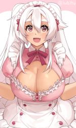 Rule 34 | 1girl, :d, breasts, brown eyes, cleavage, cleavage cutout, clothing cutout, commentary, dress, fang, frills, hair between eyes, highres, huge breasts, iwbitu, long hair, looking at viewer, maid, maid headdress, nyopu, open mouth, original, pink dress, puffy short sleeves, puffy sleeves, short sleeves, simple background, skin fang, smile, solo, star (symbol), star in eye, symbol-only commentary, symbol in eye, thick eyebrows, twintails, twitter username, white background, white hair