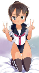Rule 34 | 1girl, artist name, bed sheet, black one-piece swimsuit, black sailor collar, blush, brown thighhighs, closed mouth, collarbone, dated, double v, gluteal fold, hair between eyes, hair ornament, hairclip, high ponytail, highres, kneeling, looking at viewer, neckerchief, one-piece swimsuit, original, pink neckerchief, ponytail, sailor collar, school uniform, serafuku, shirt, short sleeves, solo, swimsuit, swimsuit under clothes, tan, thighhighs, v, wavy mouth, white shirt, yone kinji