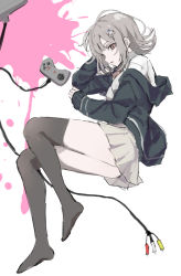 Rule 34 | 1girl, black thighhighs, blood, blouse, brown eyes, brown thighhighs, commentary request, danganronpa (series), danganronpa 2: goodbye despair, from side, hair ornament, hairclip, hood, long sleeves, looking at viewer, lying, nanami chiaki, on side, pink blood, pleated skirt, shirt, simple background, skirt, solo, thighhighs, usirome, white background, white shirt