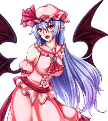 Rule 34 | 1girl, adapted costume, aged up, alternate hair length, alternate hairstyle, arms behind back, ascot, bat wings, blue hair, blush, breasts, brooch, center frills, commentary request, cowboy shot, detached sleeves, dress, frilled shirt collar, frills, hair between eyes, hat, hat ribbon, highres, jewelry, leaning forward, lipstick, long hair, looking at viewer, makeup, medium breasts, mob cap, open mouth, pink dress, pink eyes, pink hat, pointy ears, puffy short sleeves, puffy sleeves, red ascot, red lips, red ribbon, red sash, remilia scarlet, ribbon, sash, short sleeves, simple background, solo, standing, touhou, very long hair, white background, wings, zellam