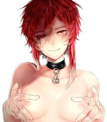 Rule 34 | 1girl, bad id, bad pixiv id, breasts, choker, closed mouth, collarbone, facial mark, freng, hair between eyes, hands on breasts, hands on own chest, heart, heterochromia, jewelry, looking at viewer, nipples, nude, original, red eyes, red hair, ring, scratches, shade, short hair, sidelocks, small breasts, smile, solo, tears, upper body