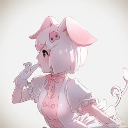 Rule 34 | 10s, 1girl, animal ears, artist name, breasts, brown hair, cleavage, commentary request, fingers to mouth, gloves, gradient background, hair ornament, hairclip, highres, kemono friends, lips, looking away, neck ribbon, parted lips, pig (kemono friends), pig ears, pig tail, pink ribbon, profile, puffy short sleeves, puffy sleeves, ribbon, short hair, short sleeves, simple background, solo, tail, takami masahiro, underwear, watermark, web address, white background, white gloves, white hair
