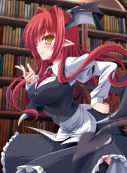 Rule 34 | 1girl, bat wings, between breasts, black skirt, black thighhighs, black vest, black wings, blurry, blush, book, bookshelf, breasts, buttons, closed mouth, collared shirt, cowboy shot, demon girl, demon tail, depth of field, dress shirt, eyebrows, hair intakes, hand on own hip, head wings, indoors, koakuma, large breasts, library, long hair, long sleeves, looking at viewer, multiple wings, necktie, necktie between breasts, red hair, red necktie, shirt, skirt, skirt set, smile, solo, tail, thighhighs, touhou, untucked shirt, vest, white shirt, wings, yamu (reverse noise), yellow eyes