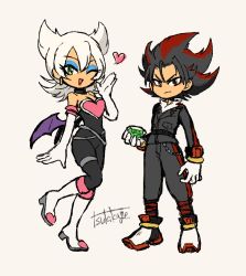 Rule 34 | 1boy, 1girl, bad id, bad twitter id, bat wings, beige background, belt, black choker, black hair, blue eyeshadow, boots, chain, chaos emerald, choker, closed mouth, earrings, eyeshadow, fur trim, gem, gloves, green eyes, hair between eyes, heart, high heels, highres, holding, holding gem, jewelry, low wings, makeup, medium hair, mini wings, multicolored hair, one eye closed, open mouth, personification, red eyes, red hair, rouge the bat, shadow the hedgehog, signature, simple background, sonic (series), spiked hair, standing, tsukikage (tsuki s 0623), white footwear, white gloves, wings