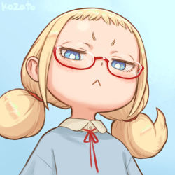 Rule 34 | 1girl, :&lt;, artist name, blonde hair, blue background, blue eyes, child, commentary request, from below, glasses, kozato (yu kozato), looking at viewer, low twintails, neck ribbon, original, ribbon, short twintails, simple background, solo, twintails