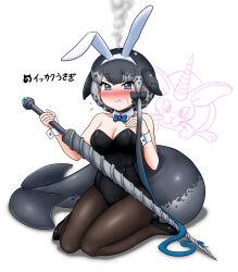 Rule 34 | 1girl, adansosutega, alternate costume, animal ears, bare shoulders, black bow, black footwear, black leotard, black pantyhose, blowhole, blue bow, blue bowtie, blue eyes, blush, bow, bowtie, cetacean tail, detached collar, embarrassed, fake animal ears, fins, fish tail, grey hair, hair bow, high heels, highres, kemono friends, leotard, long hair, multicolored hair, narwhal (kemono friends), pantyhose, playboy bunny, polearm, rabbit tail, sitting, sleeveless, solo, spear, tail, translation request, two-tone hair, weapon, whale girl