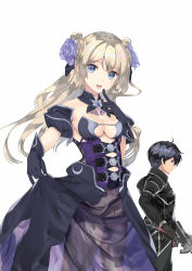 Rule 34 | 1boy, 1girl, :d, absurdres, armpit crease, bare shoulders, black gloves, blonde hair, blue eyes, blue flower, breasts, corset, cowboy shot, dark persona, dick silver, finger to mouth, flower, gloves, hair flower, hair ornament, highres, long hair, looking at viewer, maou toubatsu shita ato medachitakunai node guild master ni natta, medium breasts, mylarka iris, naruse hirofumi, novel illustration, official art, open mouth, overskirt, see-through, simple background, skirt hold, smile, white background