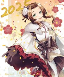 1girl 2025 aerith_gainsborough aerith_gainsborough_(festive_crimson_attire) breasts brown_gloves brown_hair cowboy_shot final_fantasy final_fantasy_vii final_fantasy_vii_ever_crisis floral_background floral_print floral_print_kimono flower frilled_kimono frills fur-trimmed_kimono fur_trim furisode gloves gold_trim green_eyes hair_bun hair_flower hair_ornament hair_stick japanese_clothes jo_ro_ri kimono medium_breasts obi official_alternate_costume official_alternate_hairstyle open_mouth outstretched_hand parted_bangs rose sash sidelocks smile solo suspenders tassel tassel_hair_ornament twitter_username white_flower white_rose wide_sleeves