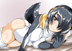 Rule 34 | 10s, 1girl, bed, bed sheet, black hair, blush, breasts, brown eyes, closed mouth, dutch angle, emperor penguin (kemono friends), hair over one eye, headphones, highres, hood, hoodie, kemono friends, large breasts, leotard, long hair, looking at viewer, lying, multicolored hair, on side, open clothes, pillow, sangyou haikibutsu a, shiny clothes, shiny skin, smile, solo, tail, thighhighs, white leotard, white thighhighs