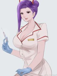 Rule 34 | 1girl, absurdres, alternate costume, blue gloves, breasts, cleavage, fire emblem, fire emblem echoes: shadows of valentia, gloves, grey background, hat, highres, holding, holding syringe, large breasts, long hair, name tag, needle, nintendo, nurse, nurse cap, open mouth, purple hair, short sleeves, simple background, solo, sonya (fire emblem gaiden), syringe, tommy (kingdukeee)