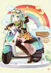 Rule 34 | 1girl, absurdres, cameo, cloud, green eyes, green hair, hatsune miku, highres, jin young-in, kagamine len, kagamine rin, long hair, matching hair/eyes, motor vehicle, rainbow, scooter, solo, thighhighs, vehicle, vocaloid