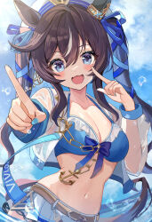 Rule 34 | 1girl, anchor necklace, animal ears, bikini, blue bikini, blue eyes, blue sky, blush, breasts, brown hair, character name, commentary request, cropped jacket, ear covers, hair between eyes, highres, hiyoko neneko, horse ears, horse girl, horse tail, jacket, jewelry, long hair, looking at viewer, medium breasts, midriff, multicolored hair, navel, necklace, ocean, outdoors, see-through, see-through jacket, shorts, single ear cover, sky, solo, streaked hair, swimsuit, tail, twintails, umamusume, very long hair, vivlos (umamusume), water, wet, white hair, white headwear, white shorts