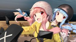 Rule 34 | 2girls, :d, black shirt, blue hair, blue ribbon, blush, braid, closed mouth, collarbone, commentary request, driving, hair ribbon, hand on another&#039;s shoulder, head tilt, helmet, horizon, jacket, kotonoha akane, kotonoha aoi, looking at viewer, motor vehicle, motorcycle, motorcycle helmet, multiple girls, ocean, open clothes, open jacket, open mouth, outdoors, pink hair, red eyes, ribbon, shirt, siblings, sisters, sky, smile, voiceroid, water, white jacket, yappen, yellow jacket
