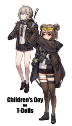 Rule 34 | 2girls, absurdres, ahoge, black footwear, black gloves, black necktie, black thighhighs, blush, boots, breasts, cheogtanbyeong, closed mouth, collared shirt, commentary, double bun, english commentary, english text, eyewear on head, gas mask, girls&#039; frontline, gloves, grey hair, hair between eyes, hair bun, highres, jacket, lifting person, light brown hair, long hair, long sleeves, m200 (girls&#039; frontline), mask, medium breasts, multiple girls, necktie, open clothes, open jacket, open mouth, p90 (girls&#039; frontline), pleated skirt, ponytail, purple eyes, red eyes, shirt, short hair, sidelocks, simple background, skirt, smile, standing, sunglasses, teeth, thighhighs, white background, white shirt