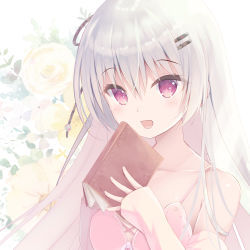 Rule 34 | 1girl, :d, blush, book, breasts, collarbone, commentary request, detached sleeves, dress, flower, hair between eyes, hair ornament, hairclip, hands up, highres, holding, holding book, humuyun, long hair, long sleeves, looking at viewer, medium breasts, open mouth, original, pink dress, pink sleeves, red eyes, rose, silver hair, sleeveless, sleeveless dress, sleeves past wrists, smile, solo, white flower, white rose