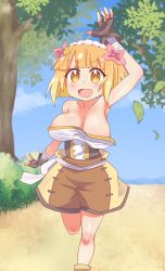 Rule 34 | 1girl, absurdres, areola slip, arm up, armpits, bandages, blonde hair, blush, breasts, brown eyes, chiden, cleavage, cloud, endro!, fai fai, fingerless gloves, flower, gloves, grass, hair flower, hair ornament, highres, large breasts, leaf, looking at viewer, no bra, open mouth, outdoors, plant, short hair, sky, smile, solo, standing, tree