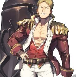 Rule 34 | 1boy, abs, bara, belt, blonde hair, brown eyes, cannon, cosplay, epaulettes, fate/grand order, fate (series), hand on own hip, high collar, highres, jacket, large pectorals, leather, leather jacket, looking at viewer, male focus, military, military uniform, muscular, muscular male, napoleon bonaparte (fate), napoleon bonaparte (fate) (cosplay), open clothes, open jacket, open shirt, pants, pectorals, red shirt, reiner braun, shingeki no kyojin, shirt, short hair, smile, solo, teeth, uniform, weapon, white pants, zyunya