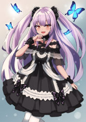 Rule 34 | 1girl, :d, absurdres, blue butterfly, blush, brown eyes, bug, butterfly, choker, commentary, dress, earrings, fang, gothic lolita, gradient background, highres, hk (haruka 210), hololive, insect, jewelry, lolita fashion, long hair, looking at viewer, nail polish, open mouth, pink hair, purple hair, skull earrings, smile, solo, standing, symbol-only commentary, two side up, uruha rushia, uruha rushia (3rd costume), very long hair, virtual youtuber, white legwear, wrist cuffs