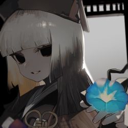 Rule 34 | 1girl, black eyes, black hair, black hat, black kimono, blue flower, blunt bangs, breasts, commentary request, creepy eyes, fate/grand order, fate (series), flower, gradient hair, grey hair, hamelon310, hat, highres, japanese clothes, kimono, long sleeves, looking at viewer, medium hair, morning glory, multicolored hair, sen no rikyu (fate), sen no rikyu (second ascension) (fate), small breasts, smile, solo, teeth, upper body, wide sleeves
