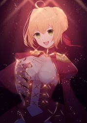 Rule 34 | 10s, 1girl, :d, ahoge, bad id, bad pixiv id, blonde hair, breasts, cleavage, collarbone, corset, fate/extra, fate (series), green eyes, hair between eyes, hair ribbon, highres, medium breasts, nero claudius (fate), nero claudius (fate) (all), nero claudius (fate/extra), open mouth, red ribbon, ribbon, short hair, smile, solo, standing, umeko 208