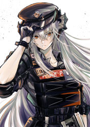 Rule 34 | 1girl, absurdres, adjusting clothes, adjusting headwear, arknights, arm up, black gloves, black hat, black shirt, bulletproof vest, chiwa (chiwawanwan1206), closed mouth, collared shirt, dragon horns, eyes visible through hair, gloves, grey hair, hat, highres, horns, long hair, looking at viewer, official alternate costume, orange eyes, police hat, saria (arknights), saria (the law) (arknights), shirt, simple background, solo, uniform, upper body, white hat