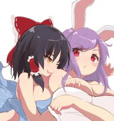Rule 34 | 2girls, :o, ;d, animal ears, bare shoulders, black hair, blush, bow, grabbing another&#039;s breast, breasts, collarbone, cookie (touhou), drooling, eyebrows, frilled bow, frills, grabbing, grabbing from behind, hair bow, hair tubes, hakurei reimu, highres, hisui (cookie), large breasts, medium breasts, multiple girls, naked towel, onakon 3-nichi-me, one eye closed, open mouth, purple hair, rabbit ears, red bow, red eyes, reisen udongein inaba, sananana (cookie), short hair, simple background, smile, touhou, towel, upper body, white background, yuri