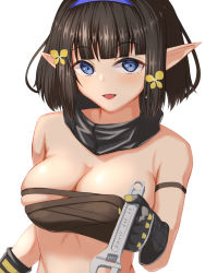 Rule 34 | 1girl, :d, arknights, bandeau, bare shoulders, black gloves, black hair, blue eyes, blue hairband, breasts, cleavage, commentary request, eunectes (arknights), gloves, hairband, highres, holding, holding wrench, ikutachi, large breasts, looking at viewer, midriff, open mouth, partial commentary, pointy ears, short hair, simple background, skindentation, smile, solo, strapless, tube top, upper body, white background, wrench