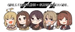 Rule 34 | 5girls, :d, ahoge, ahoge wag, amonitto, angelica (gunslinger girl), blonde hair, blush, bob cut, brown eyes, brown hair, claes, closed eyes, commentary request, cropped torso, crossover, expressive hair, girls&#039; frontline, glasses, grin, guest character, guest fighter, gunslinger girl, hair ribbon, hairband, henrietta (gunslinger girl), multiple girls, open mouth, ribbon, rico (gunslinger girl), smile, triela, white background