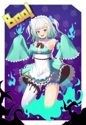 Rule 34 | 1girl, apron, blue eyes, bow, breasts, chocolate, detached collar, detached sleeves, dress, english text, fire, frilled dress, frills, ghost, ghost girl, gradient hair, green dress, green hair, hair tie, highres, hitaikakushi, indie virtual youtuber, looking at viewer, maid, maid headdress, medium breasts, mint fantome, mizmillificent, multicolored hair, open mouth, short hair, signature, simple background, single thighhigh, sleeves past fingers, sleeves past wrists, solo, striped clothes, thigh strap, thighhighs, thighs, twintails, virtual youtuber, white hair