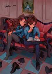 Rule 34 | 1boy, 1girl, bill cipher, black bow, black bowtie, black footwear, black pantyhose, black skirt, blue gemstone, blue shirt, book, bow, bowtie, brooch, brother and sister, brown hair, checkered floor, closed mouth, club (shape), collared shirt, constellation, couch, cross-laced footwear, crossed legs, diamond (shape), dipper gleeful, dipper pines, eden (eden871225), facial mark, forehead mark, frown, gem, gravity falls, grey pantyhose, hairband, hand on own arm, hand up, heart, high heels, highres, indoors, jewelry, knees up, leaning back, long hair, long sleeves, mabel gleeful, mabel pines, miniskirt, nail polish, no shoes, open book, outstretched arm, painting (object), pantyhose, picture frame, playing card theme, pleated skirt, reclining, reverse falls (gravity falls), shadow, shirt, shoes, unworn shoes, short hair, siblings, single shoe, sitting, skirt, smirk, spade (shape), tears, twins, very long hair, wall, white nails, will cipher