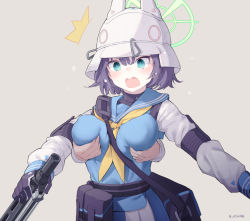 Rule 34 | 1girl, bag, black gloves, black hair, blue archive, blush, grabbing another&#039;s breast, covered erect nipples, disembodied limb, gloves, grabbing, grabbing from behind, green eyes, grey background, gun, halo, helmet, holding, holding gun, holding weapon, long sleeves, mishima hiroji, neckerchief, open mouth, pouch, sailor collar, saki (blue archive), short hair, simple background, solo focus, teeth, upper teeth only, weapon, yellow neckerchief