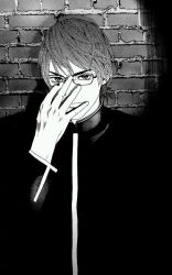 Rule 34 | 00s, 1boy, adjusting eyewear, against wall, evil smile, glasses, highres, kaneshiro hokuto, long hair, looking at viewer, male focus, parted lips, rosario+vampire, smile, solo, upper body