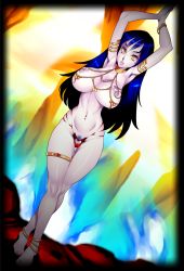 Rule 34 | 1girl, adaghi, anklet, armpit hair, armpits, bangle, barefoot, bikini, bikini bottom only, blue hair, bracelet, breasts, clothing cutout, dutch angle, feet, female pubic hair, heart cutout, highres, jewelry, large breasts, long hair, looking at viewer, nail polish, narrow waist, navel piercing, nipple piercing, pale skin, piercing, pubic cutout, pubic hair, rafasanruby, red eyes, solo, swimsuit, tagme, thigh strap, topless, uncensored, yellow eyes