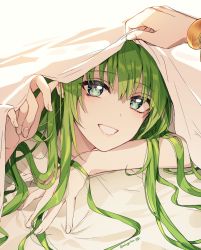 Rule 34 | 1boy, 1other, artist name, bed sheet, blanket, close-up, ede, enkidu (fate), eyes visible through hair, fate/grand order, fate (series), fingernails, gilgamesh (fate), green eyes, green hair, hair between eyes, highres, holding, jewelry, lips, long hair, looking at viewer, lying, on stomach, open mouth, other focus, smile, solo focus, teeth, twitter username
