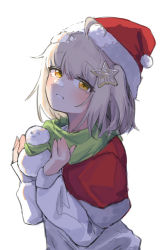Rule 34 | 1girl, absurdres, ahoge, arknights, blush, fur-trimmed headwear, fur trim, green scarf, hair ornament, hat, highres, holding, long sleeves, looking at viewer, one side up, parted lips, polyvora, red hat, santa hat, scarf, scene (arknights), shirt, short hair, silver hair, simple background, snow on face, snow on head, snow sculpture, solo, star (symbol), star hair ornament, upper body, white background, white shirt, yellow eyes