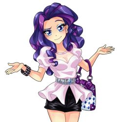 Rule 34 | bag, belt, blue eyes, bracelet, curly hair, diamond (gemstone), handbag, highres, jewelry, looking at viewer, my little pony, my little pony: friendship is magic, personification, purple hair, raised eyebrow, rarity (my little pony), ring, semehammer, short shorts, shorts, shrugging, simple background, smile
