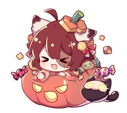 Rule 34 | &gt; &lt;, 1girl, :d, ahoge, animal ear fluff, animal ears, bell, bow, brown hair, brown kimono, candy wrapper, cat, cat ears, checkerboard cookie, chibi, closed eyes, cookie, fang, flot, food, hair bell, hair bow, hair ornament, halloween, halloween bucket, ichihime, japanese clothes, jingle bell, kimono, long sleeves, mahjong soul, open mouth, red bow, simple background, smile, solo, star (symbol), stitches, white background, wide sleeves, xd