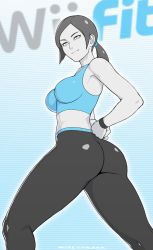Rule 34 | armpits, arms behind back, breasts, cleavage, colored skin, curvy, grey eyes, highres, large breasts, lips, looking at viewer, nintendo, nisetanaka, ponytail, revealing clothes, skin tight, smile, thick thighs, thighs, white background, white skin, wide hips, wii fit, wii fit trainer, wii fit trainer (female), wristband
