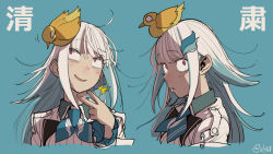 Rule 34 | 1girl, ^^^, animal, animal on head, bird, bird on head, blue background, blue hair, blue neckerchief, blush, collared shirt, colored inner hair, commentary request, constricted pupils, cropped shoulders, finger to neck, frilled sleeves, frills, hair flaps, hair ornament, hand up, highres, isle118, jacket, lize helesta, long hair, long sleeves, looking at viewer, looking up, messy hair, multicolored hair, multiple views, neckerchief, nijisanji, on head, pink eyes, ribbed shirt, safety pin, sebastian piyodore, shirt, sidelocks, sideways glance, translation request, twitter username, v, virtual youtuber, white hair, white jacket, white shirt, wide-eyed
