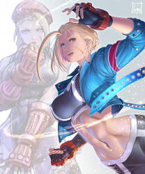 1girl absurdres black_pants black_shirt blonde_hair blue_eyes blue_jacket breasts cammy_white clenched_hand facial_scar fingerless_gloves gloves green_leotard highres jacket leotard midriff pants scar scar_on_cheek scar_on_face shirt street_fighter street_fighter_6 tomo_eokaiteru