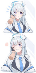 Rule 34 | 1girl, 1other, absurdres, blue archive, blue necktie, blush, breasts, closed eyes, closed mouth, collared shirt, disembodied hand, grey hair, halo, heart, highres, jacket, large breasts, long hair, mechanical halo, multiple views, necktie, noa (blue archive), ogura toast, open clothes, open jacket, open mouth, purple eyes, shirt, simple background, smile, white background, white jacket, white shirt