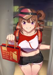 Rule 34 | 1girl, bag, breath, brown hair, commentary, cowboy shot, delivery, denim, denim shorts, drill hair, english text, grin, hair tie, highres, holding, holding bag, idolmaster, idolmaster million live!, kamille (vcx68), looking at viewer, menu: food delivery &amp; takeout, midriff, night, open door, purple eyes, red shirt, shirt, shopping bag, short shorts, shorts, side drill, side ponytail, sideways hat, smile, solo, standing, sweat, t-shirt, thigh gap, visor cap, wristband, yokoyama nao