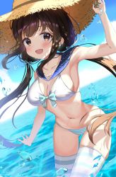 Rule 34 | 1girl, :d, absurdres, bikini, blue sailor collar, blue sky, bow, bow bikini, breasts, brown eyes, brown hair, cleavage, cloud, collarbone, commentary request, day, gluteal fold, hair ribbon, hand on headwear, hat, highres, horizon, long hair, looking at viewer, medium breasts, monmo mu, navel, ocean, open mouth, original, outdoors, ribbon, sailor bikini, sailor collar, sidelocks, sky, smile, solo, standing, stomach, straw hat, striped bikini, striped clothes, striped thighhighs, swimsuit, thigh gap, thighhighs, thighs, twintails, wading, white bikini