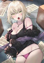Rule 34 | 1girl, absurdres, ahoge, black dress, box, bra, breasts, cleavage, commentary request, dress, fate/grand order, fate (series), fur trim, highres, itohana, jeanne d&#039;arc (fate), jeanne d&#039;arc alter (fate), jeanne d&#039;arc alter (ver. shinjuku 1999) (fate), large breasts, official alternate costume, on floor, open mouth, pages, panties, pink bra, pink panties, short hair, silver hair, solo, tile floor, tiles, underwear, wicked dragon witch ver. shinjuku 1999, yellow eyes