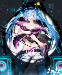 Rule 34 | 1girl, ;d, ahoge, artist name, bandaid, bandaid on face, bare shoulders, belt, black jacket, blue eyes, blue hair, breasts, cable, cleavage, collarbone, feet out of frame, hatsune miku, headphones, highres, holding, holding microphone, jacket, light particles, long hair, long sleeves, looking at viewer, microphone, midriff, navel, neon trim, one eye closed, open clothes, open jacket, open mouth, pants, shoulder tattoo, sign, small breasts, smile, solo, speaker, standing, tattoo, thigh strap, very long hair, vocaloid, white pants, ymyz