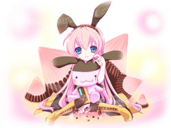 Rule 34 | 1girl, animal ears, apollo chocolate, boots, rabbit ears, candy, food, haru aki, knee boots, megurine luka, solo, stuffed animal, stuffed rabbit, stuffed toy, vocaloid, aged down
