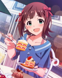 Rule 34 | 10s, 1girl, amami haruka, blush, brown hair, cake, food, green eyes, idolmaster, idolmaster (classic), idolmaster million live!, looking at viewer, musical note, official art, open mouth, ribbon, short hair, smile, solo