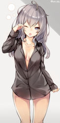 Rule 34 | 10s, 1girl, absurdres, blue eyes, breasts, cleavage, hair down, highres, kantai collection, kashima (kancolle), katoroku, long hair, one eye closed, open mouth, rubbing eyes, shirt, silver hair, solo, wavy hair, yawning